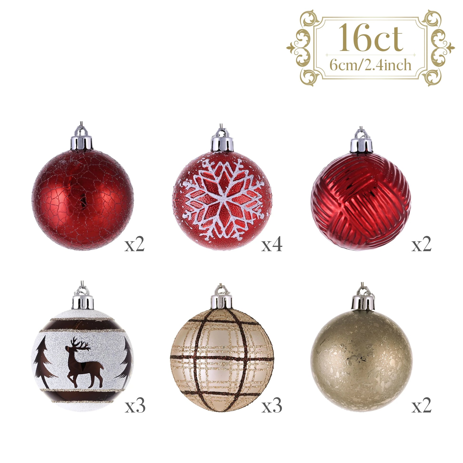16Ct 2.36 Inches Christmas Decor, Shatterproof Rustic Red White Copper Assorted Hanging Christmas Ball Ornaments for Party and Christmas Gift