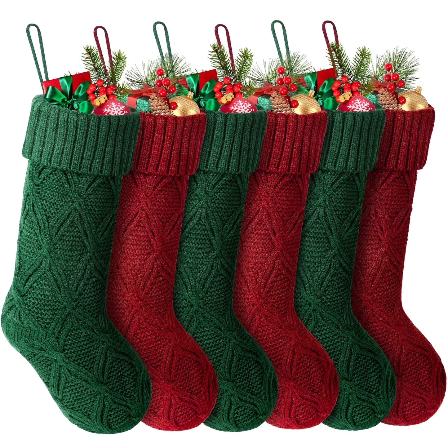 6Pcs Christmas Stockings Knitted Xmas Stockings Double-Sided 18 Inches Fireplace Stockings for Family Christmas Decoration (Burgundy,Green)