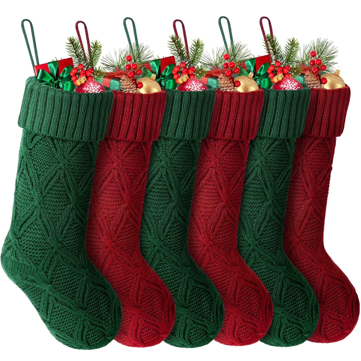 6Pcs Christmas Stockings Knitted Xmas Stockings Double-Sided 18 Inches Fireplace Stockings for Family Christmas Decoration (Burgundy,Green)