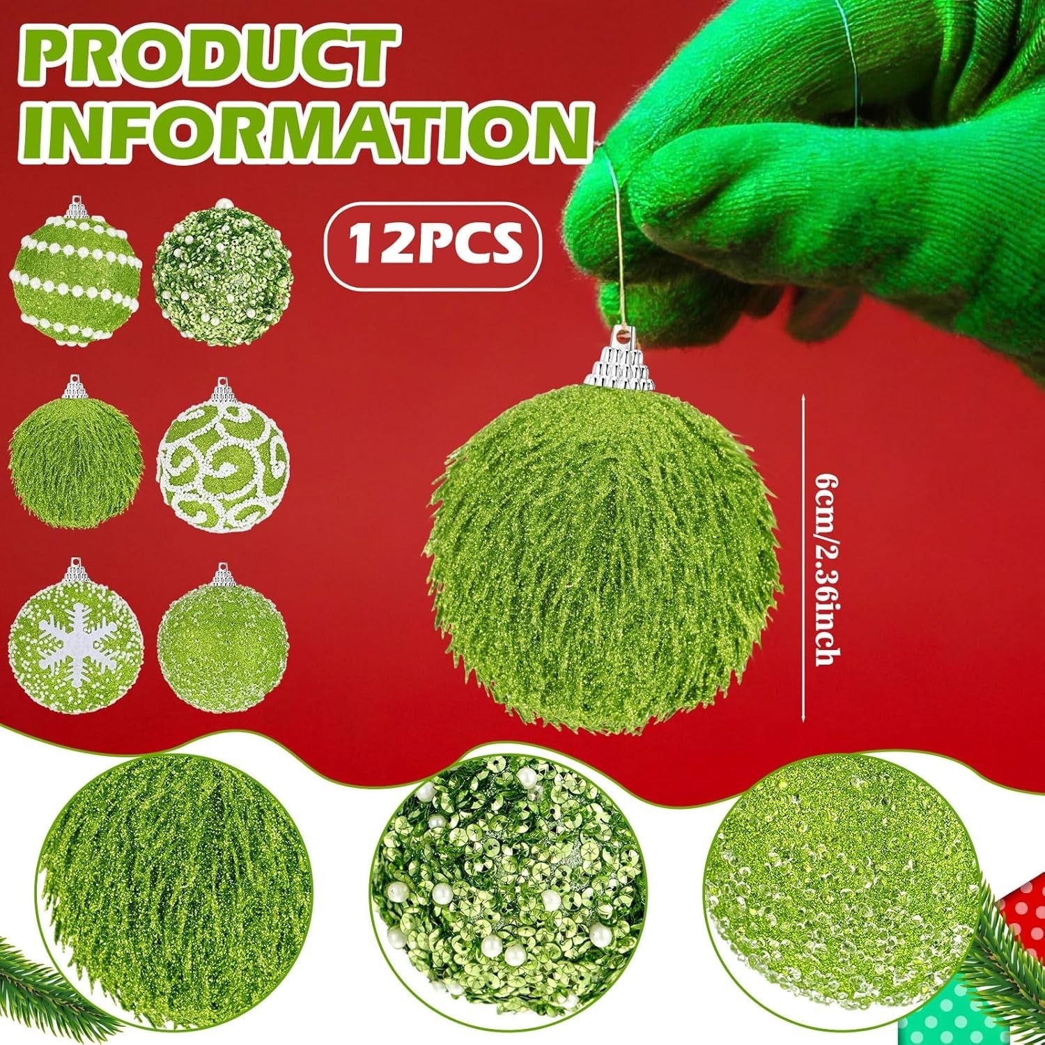 Syhood 12 Pcs 2.4 Inch Lime Green Christmas Ball Ornament Set Green Glitter F...