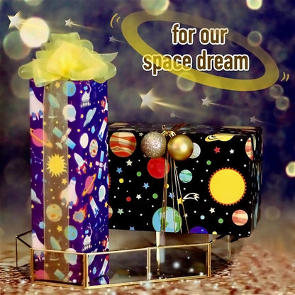 6 Sheets Gift Wrapping Paper Birthday, Boys Outer Space Design Wrapping Paper for Kids Present Birthday Party and Baby Shower