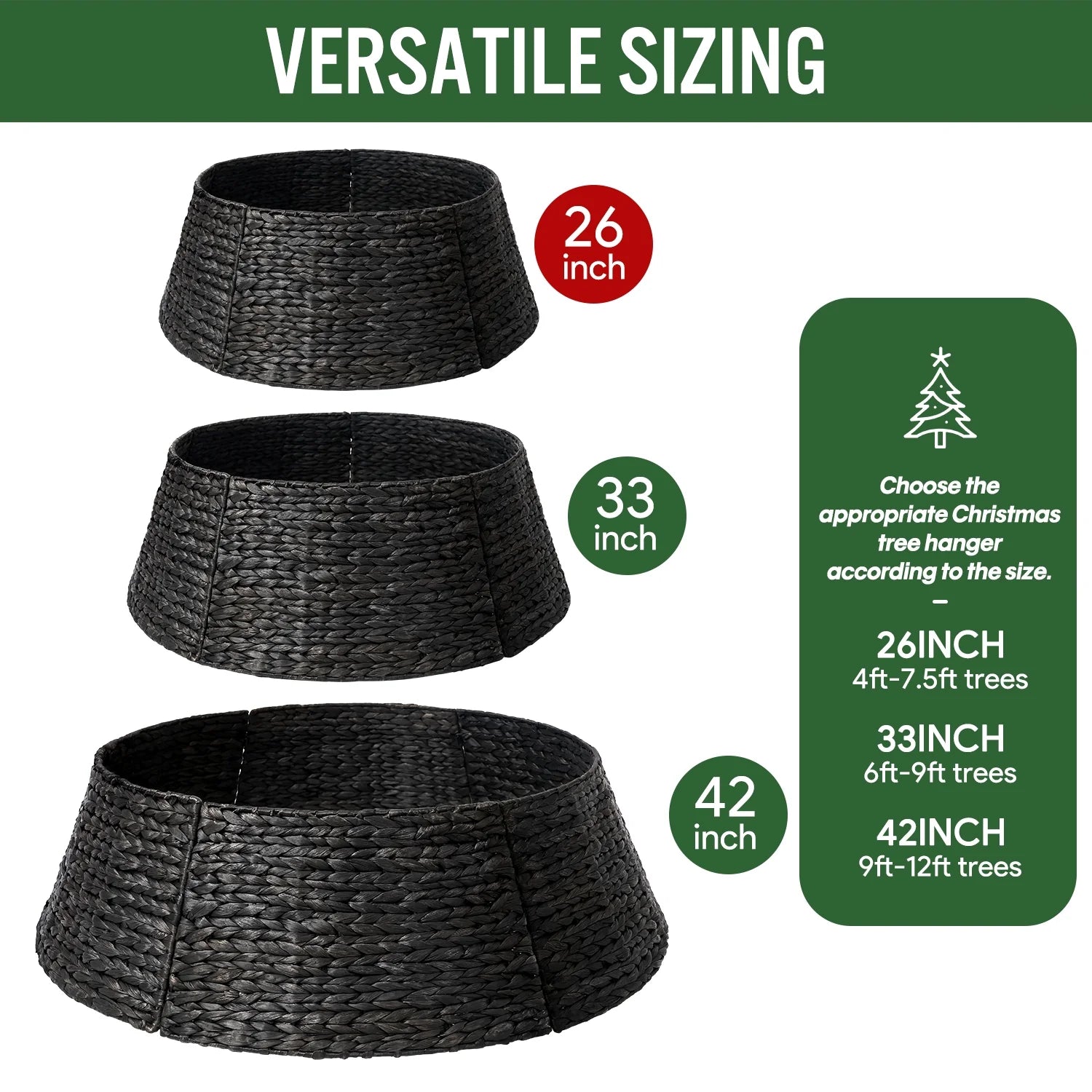 26In Woven Hyacinth Christmas Tree Collar, Christmas Tree Decorations, Tree Skirt Accessory W/ Cord Cut-Out | Black