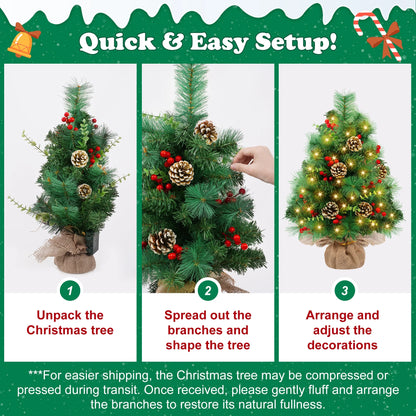 2PCS Pre-Lit Artificial Mini Christmas Tree,30 Inch Small Tabletop Xmas Tree for Indoor Outdoor Christmas Decor