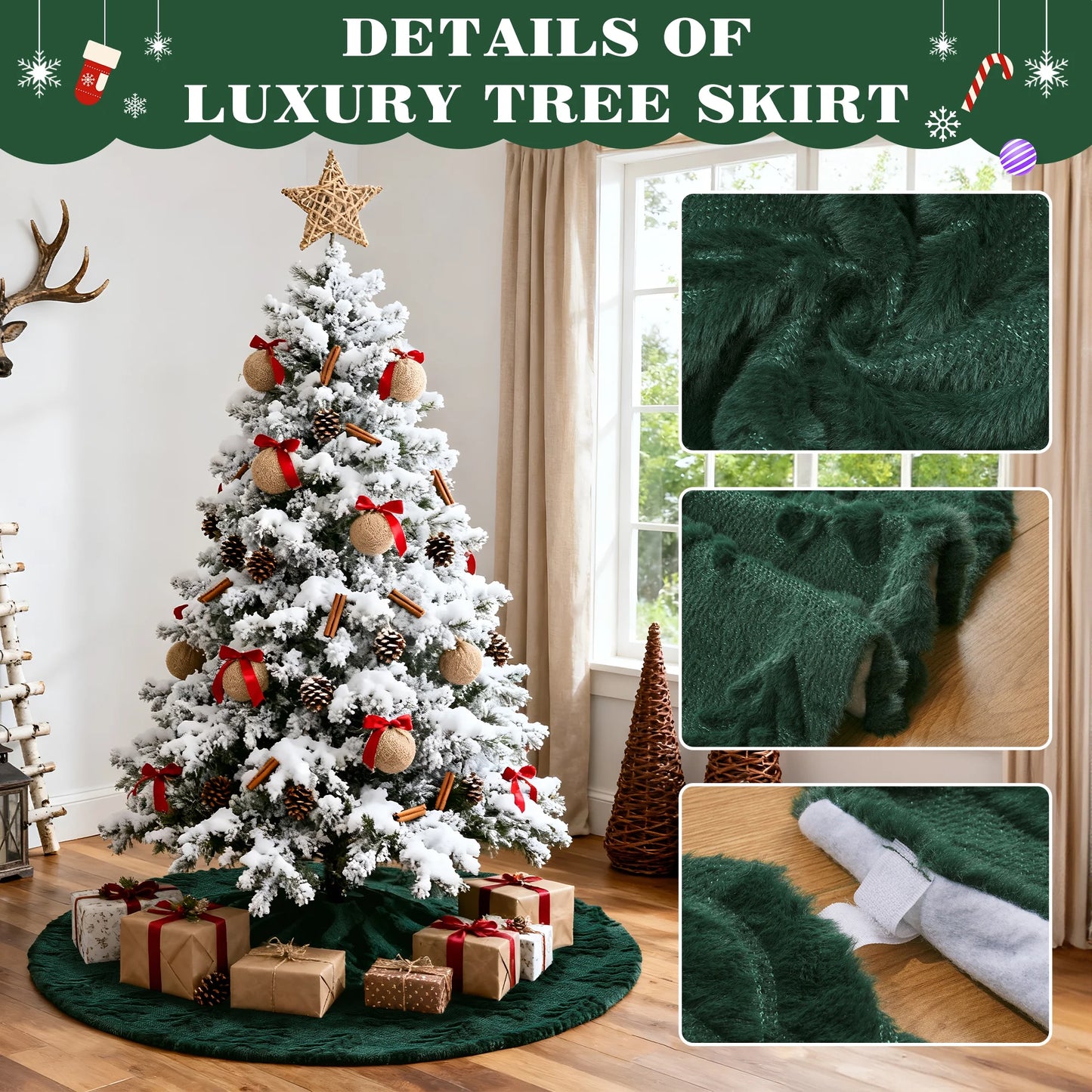 Christmas Tree Skirt Green Plush Skirts Christmas Decorations Indoor Xmas Ornaments Holiday Decor for Party, 48In