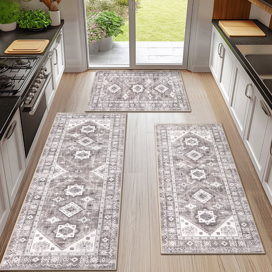Boho Kitchen Rug Sets 3 Pieces, Washable Kitchen Mats for Floor, Non Slip Soft Kitchen Area Rug Floor Mat for Kitchen, Laundry Room and Hallway