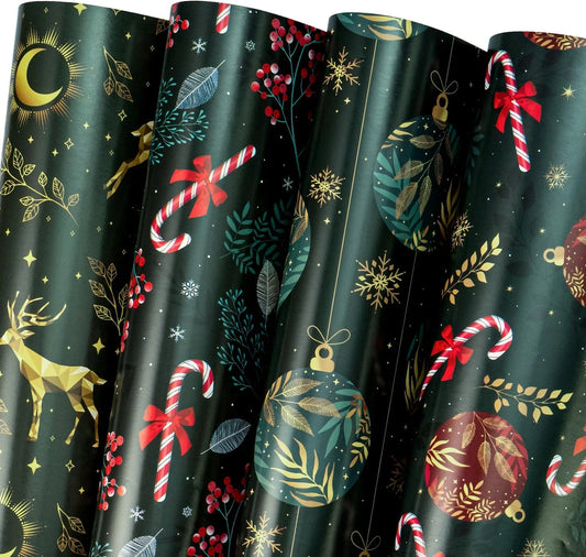 Christmas Wrapping Paper Sheet - 12 Sheets Green Chrismas Ball and Candy Cane Design Folded Flat with 12 Gift Tags for Holiday, Party Celebration - 19.7 Inch X 27.5 Inch per Sheet