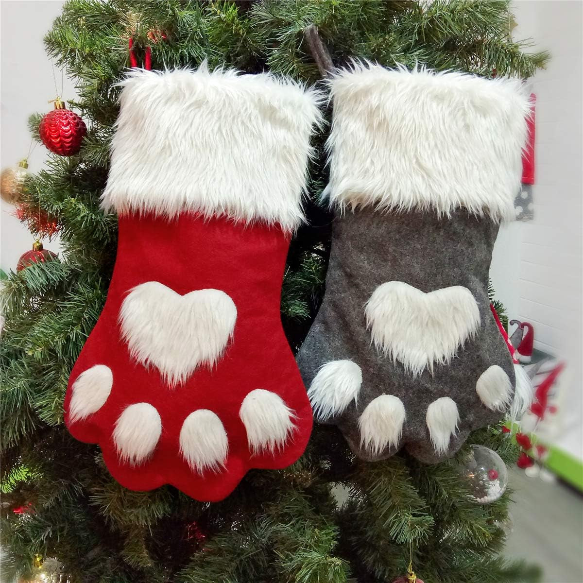 Pet Paw Plush Christmas Stockings 2 Pack Xmas Decorations Fireplace Hanging Socks Family Holiday Dog Cat Gift Stockings (Grey & Red)