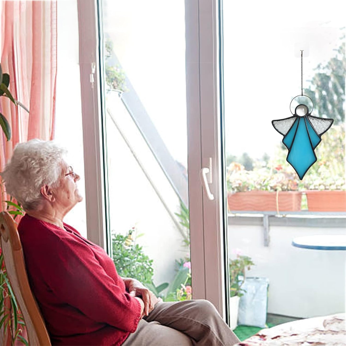 Angel Ornament Stained Glass Window Hangings Ornament Holiday Decor Memorial Remembrance Sympathy Gifts,Angel Gifts for Women(Blue) 5.5"×3.9"