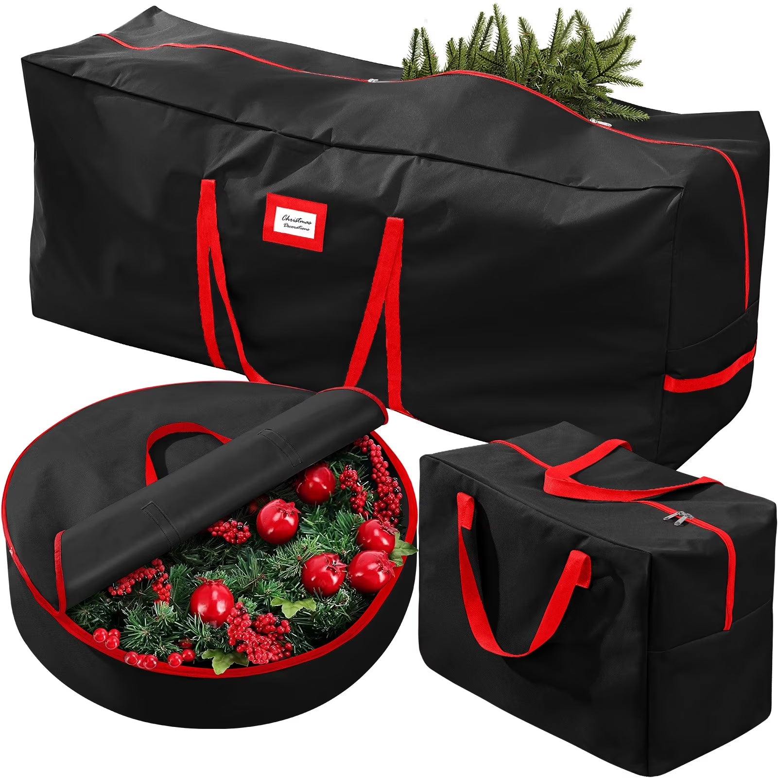 3Pcs Christmas Tree Storage Bag, Christmas Tree Bag for 7.5 FT Artificial Trees, Durable Waterproof with Reinforced Carrying Handles (Black)
