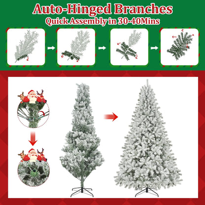 9Ft Snow Flocked Christmas Tree with 2028 Tips, Artificial Snowy Xmas Pine Tree with Reinforced Metal Base for Home Office Party Holiday Decorations ,White(No Light)