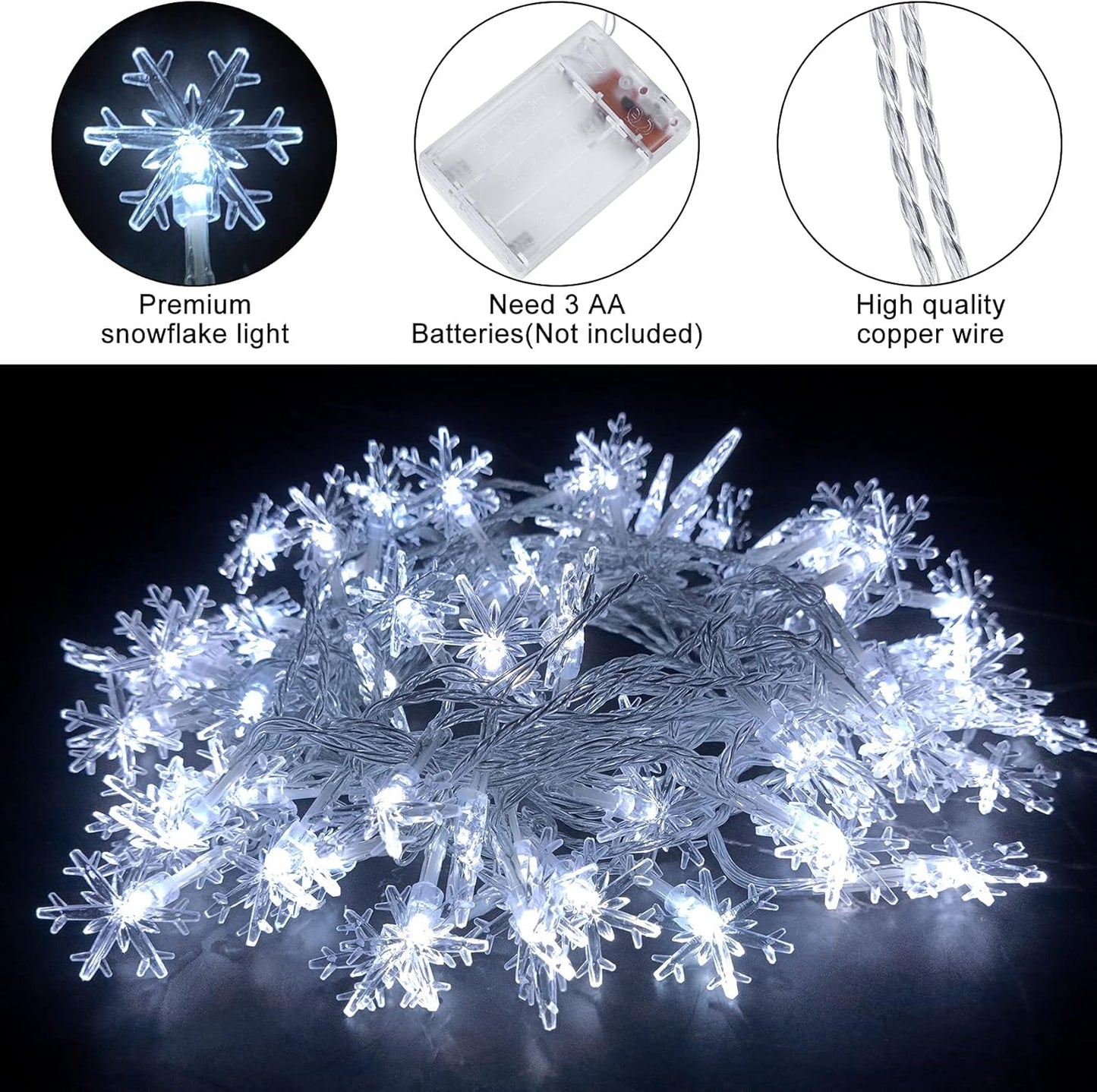 80 LED Christmas Lights, 32.8 Ft Snowflake String Lights Battery Operated Led Twinkle Lights, Winter Wonderland Room Decorations Lights for Xmas Home Bedroom Tree, Holiday Indoor/Outdoor Decor
