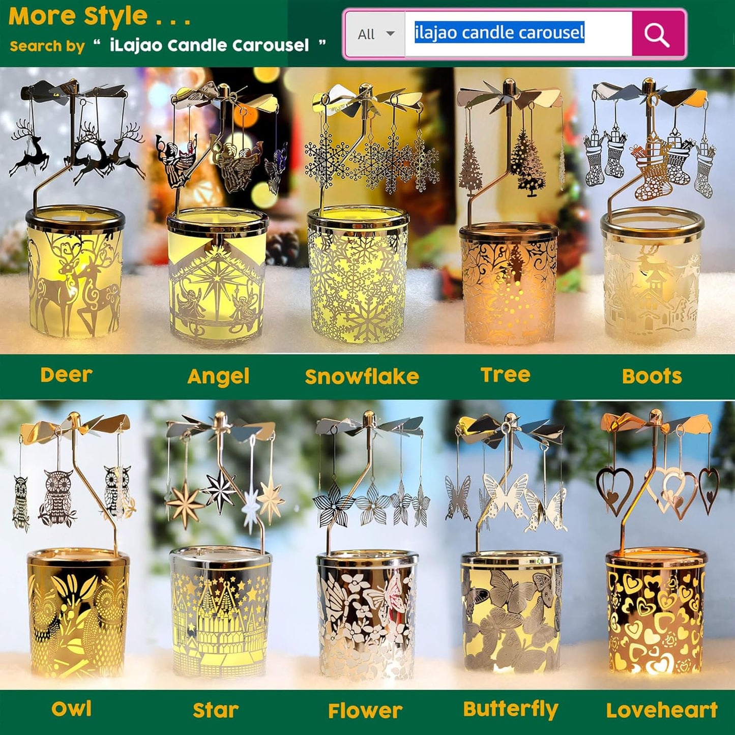 I Rotary Tea Light Carousel Angel Rotary Candle Holders Spinning Tealight Holders Christmas Decoration for Tabel Centrepieces Gift for Mom Women Wife Birthday-6 ¼ Inch Tall (Snowflake)