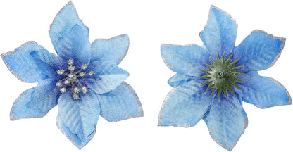 Christmas Poinsettia Flowers Decorations, Glitter Poinsettia Christmas Tree Ornaments, Artificial Flower Home Decorations for Christmas/Wedding/Holiday Party, Pack of 24, Blue