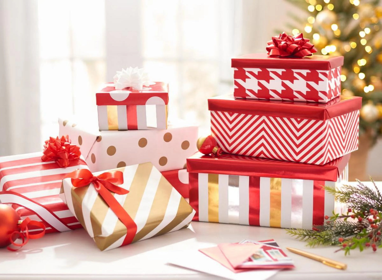 Reversible All-Occasion Wrapping Paper, Red and Gold Patterns (4 Rolls, 120 Sq. Ft)