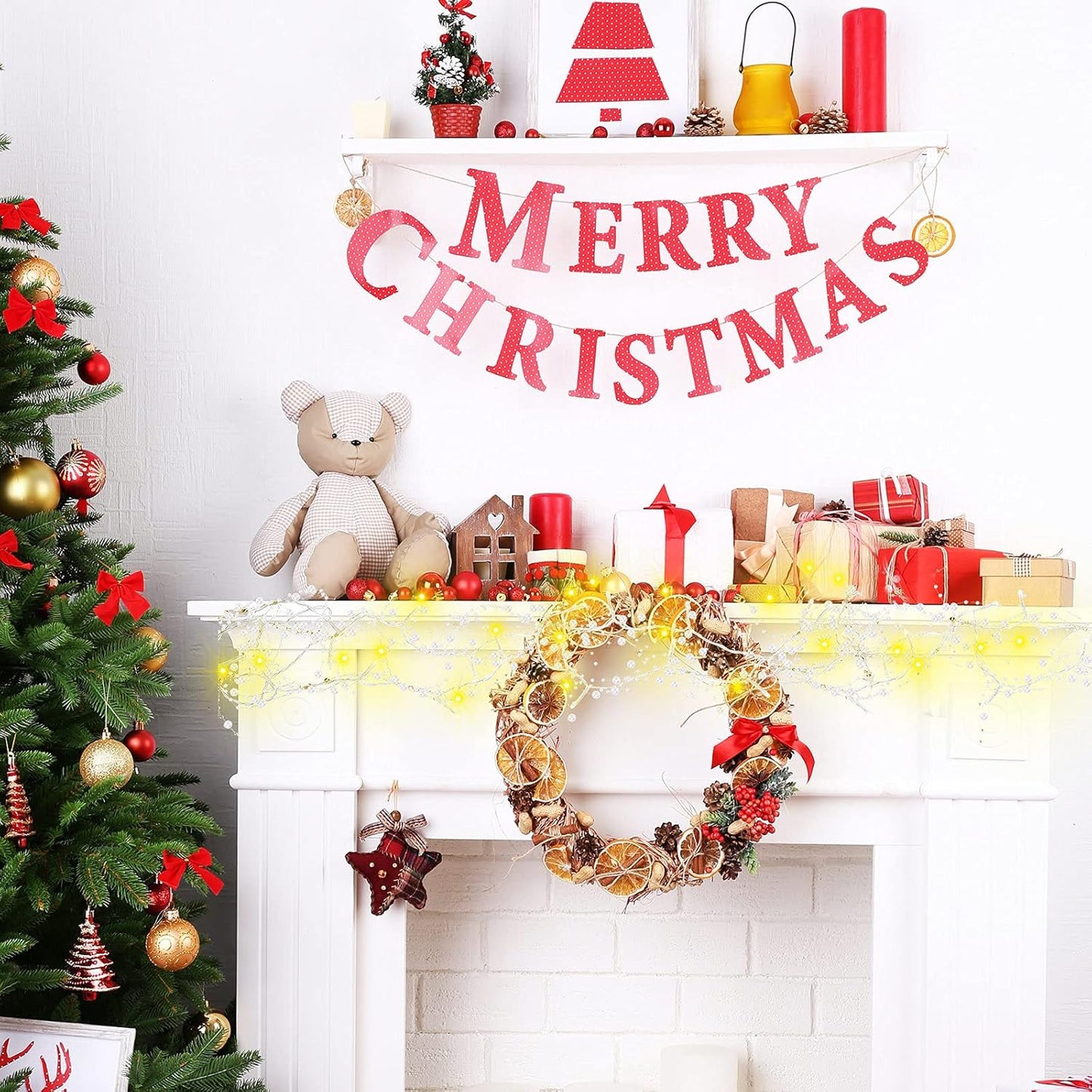 10 Feet 30 LED Christmas Light Metal Berry Beaded Garland Indoor Christmas String Lights for Fireplace Mantel Indoor Xma Light Decorations(White)