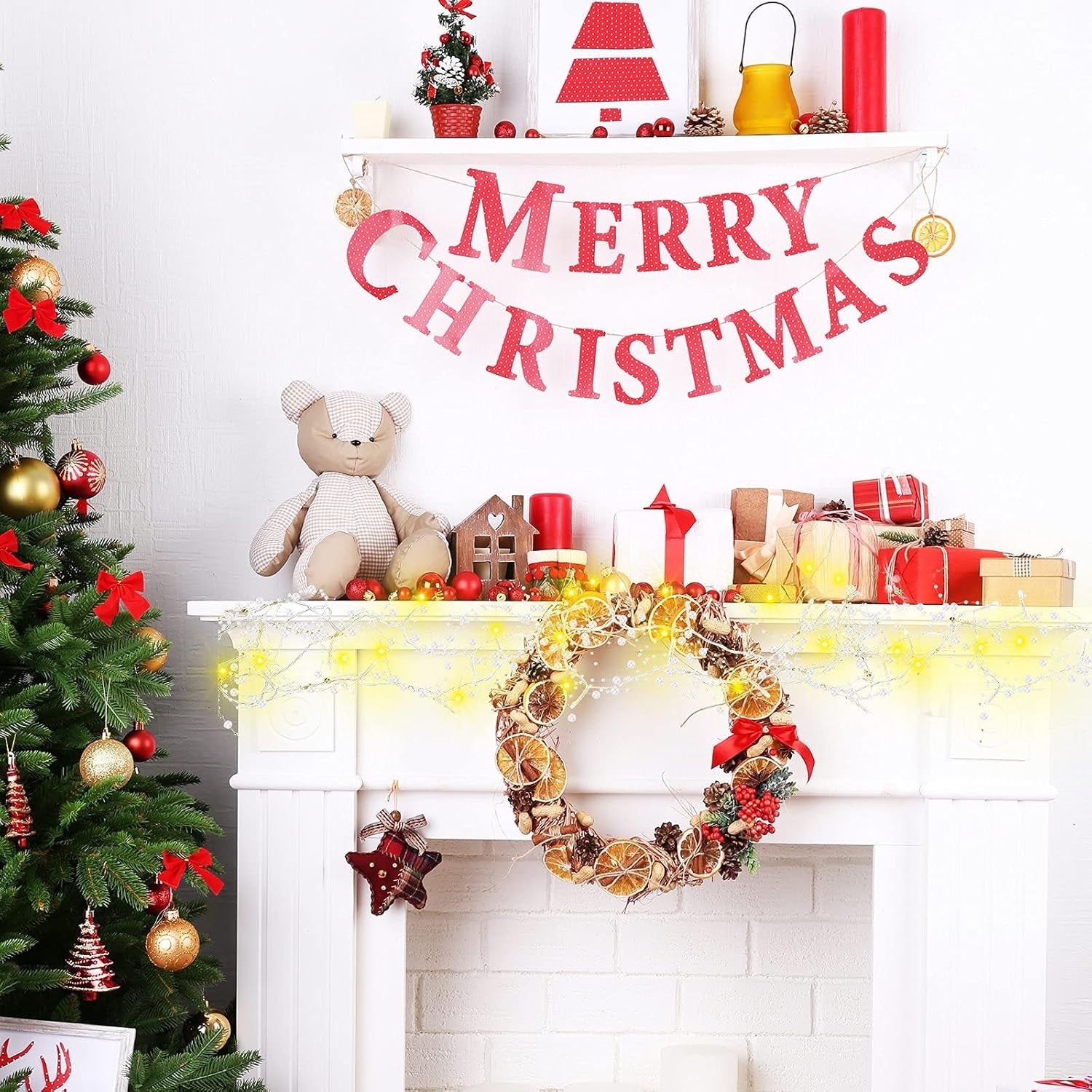 10 Feet 30 LED Christmas Light Metal Berry Beaded Garland Indoor Christmas String Lights for Fireplace Mantel Indoor Xma Light Decorations(White)