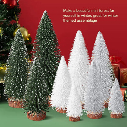 9Pcs Mini Christmas Trees Christmas Decor Artificial Christmas Decorations with 4 Sizes, Christmas Tree Bottle Brush Trees Christmas Table Decorations (Green Silver White)