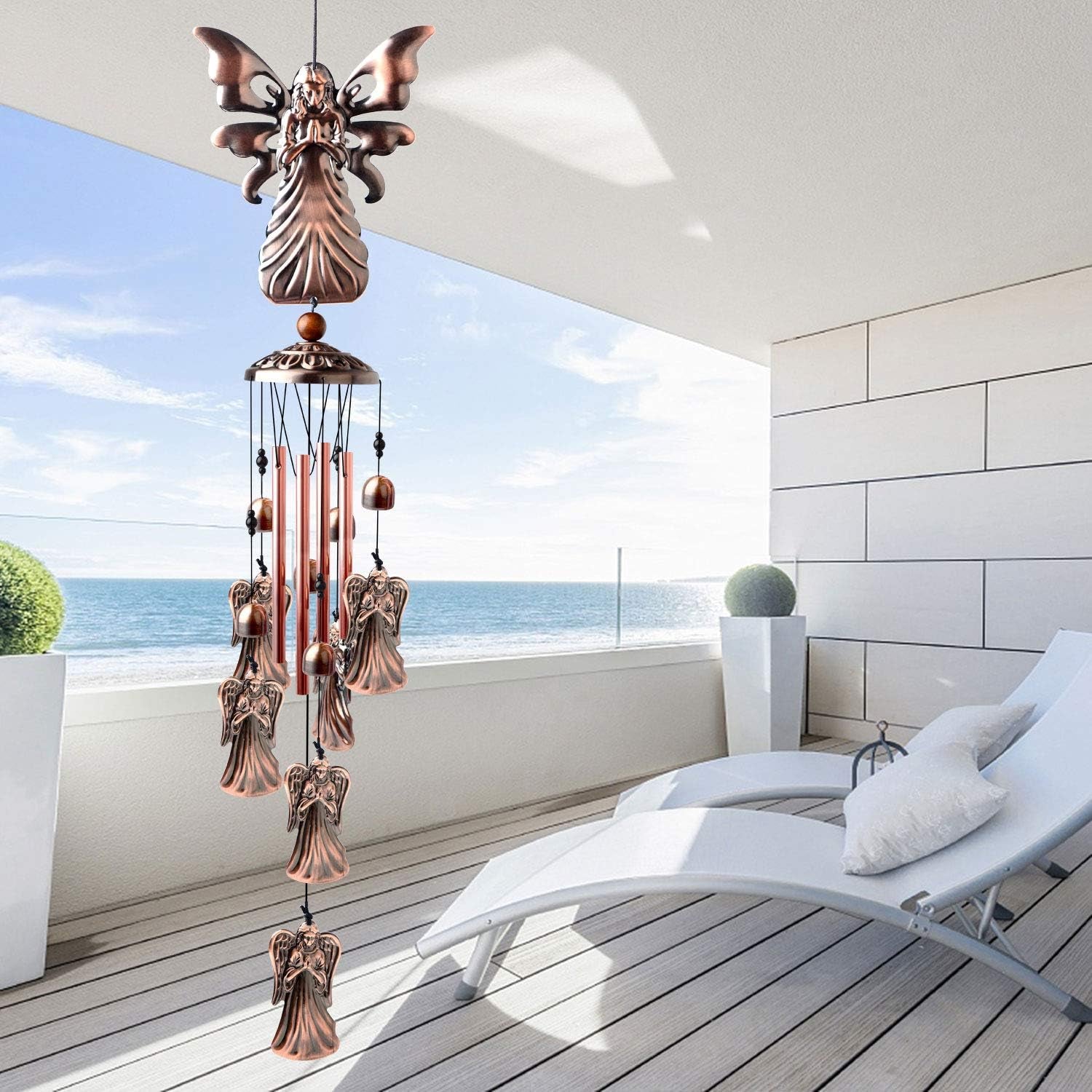 Festive Brass Angel Wind Chimes for outside ， Handcrafted with Deep Melodic Tone, Christmas/Birthday Decor for Garden & Patio Lovers, Unique Housewarming Present for Outdoor Spaces