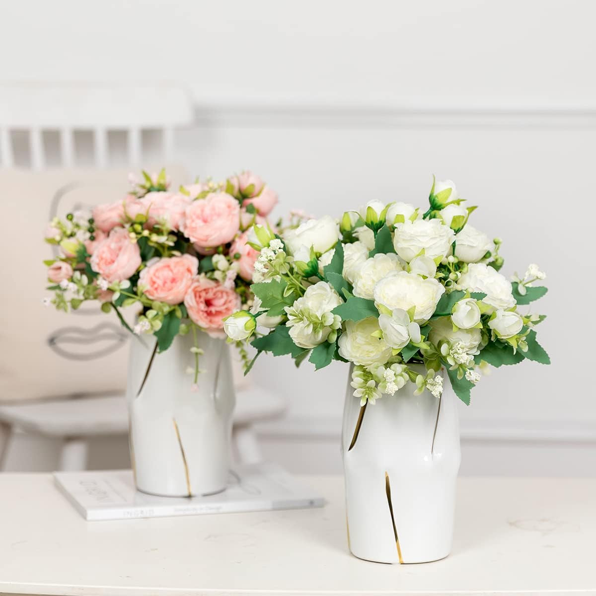 2 Bunches Peony Artificial Flowers White Flowers Silk Peonies Bouquets for Wedding Party Table Centerpieces Floral Arrangement Home Kitchen Decor