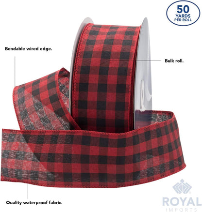 Buffalo Checkered Plaid Christmas Ribbon Wired, Black/Red, 2.5" (#40) Gingham Design for Bow Making, Gift Wrapping, Wreaths, Holiday, 50 Yd Roll (150 FT Spool)