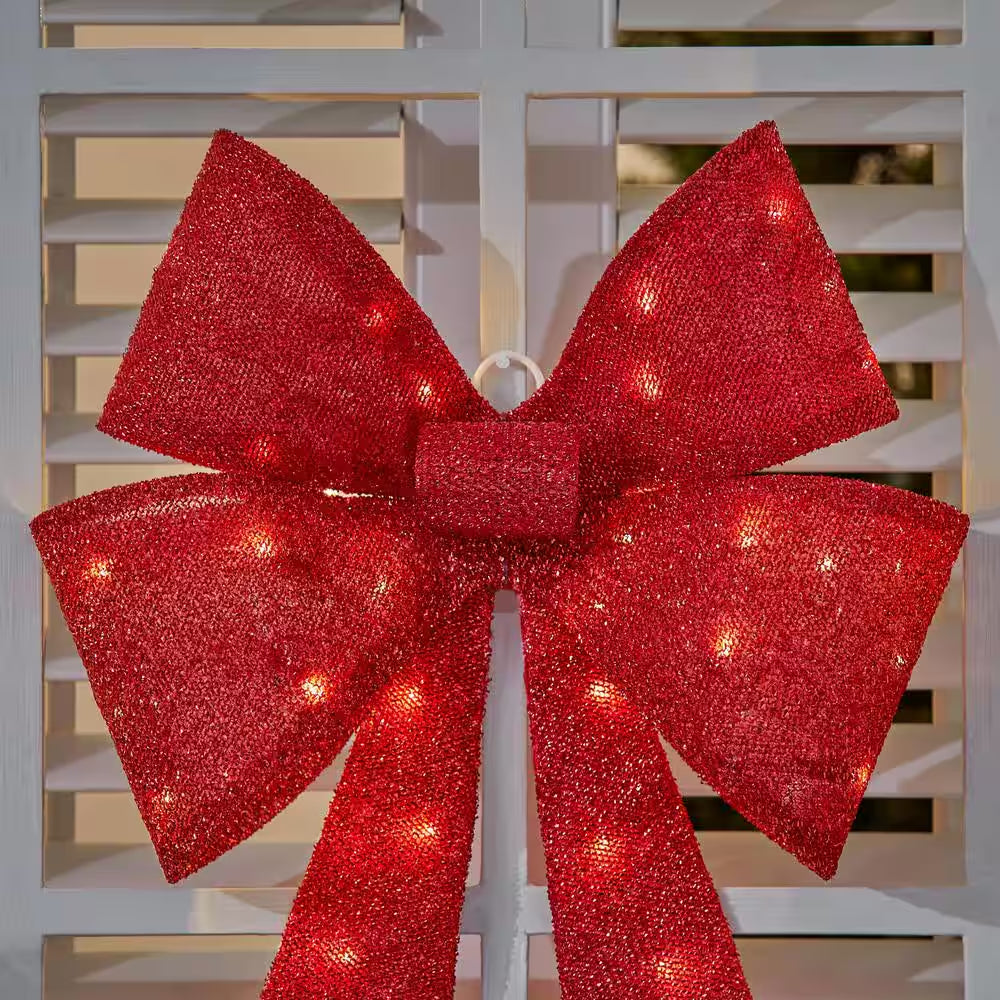 24 In. Yuletide Lane LED Red Tinsel Bow Holiday Yard Decoration