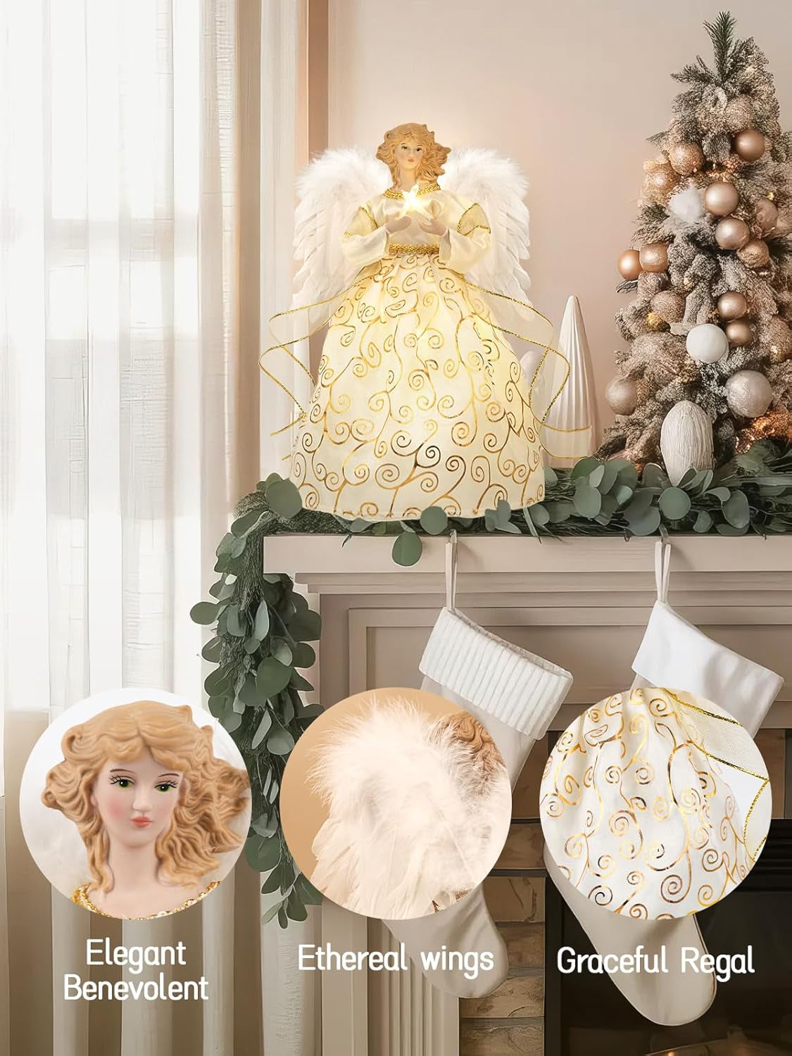 12'' Angel Tree Topper with White Feather Wings and Gold Skirt, Christmas Tree Topper with LED Light for Tree Toppers Holiday Ornament Decorations, Gold