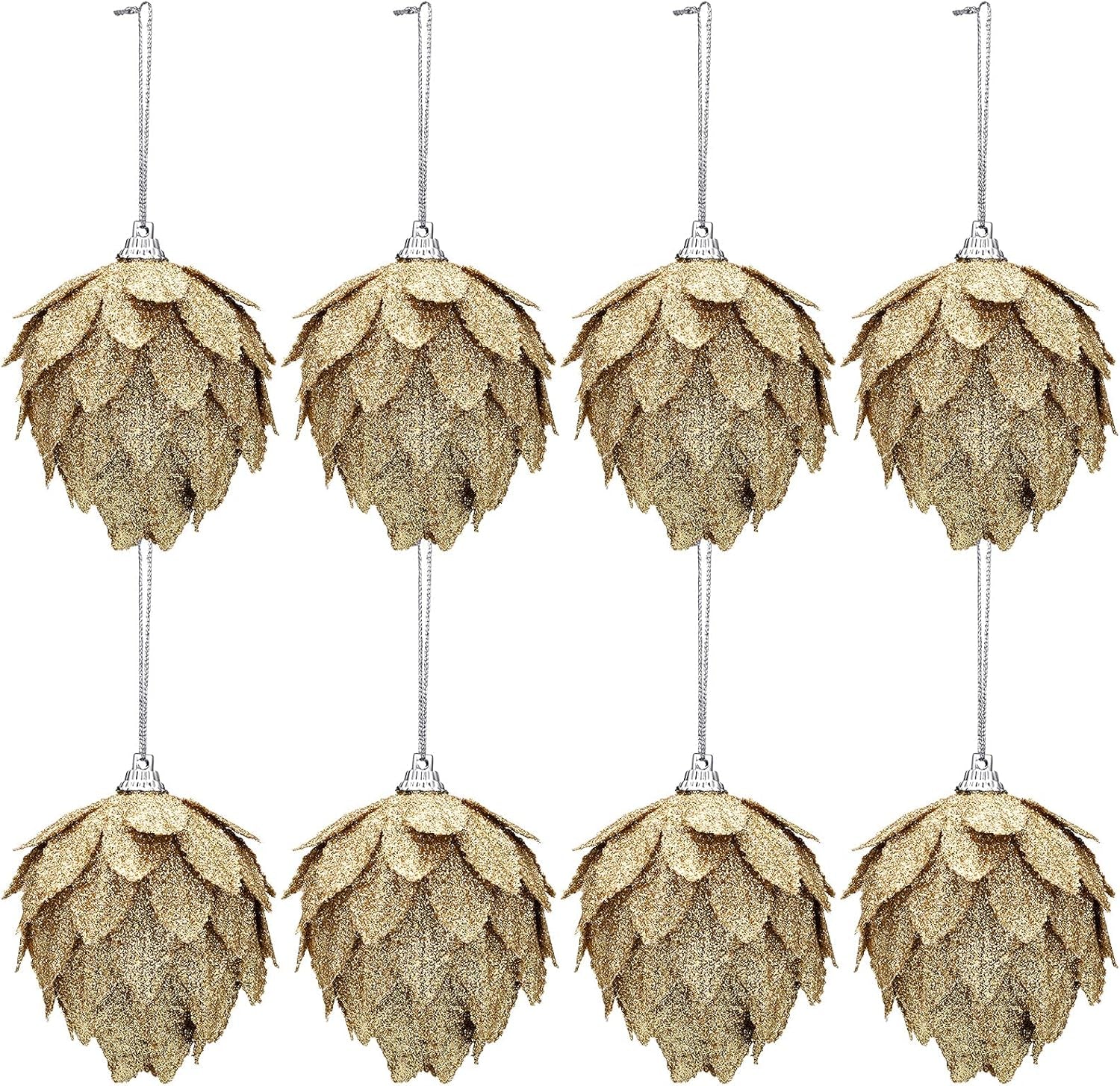 8 Pieces Christmas Ornaments Glitter Christmas Tree Hanging Decoration Decorative Artificial Pine Cones Flowers Hanging Ornaments for Winter Wreath Holiday Decor(Gold)