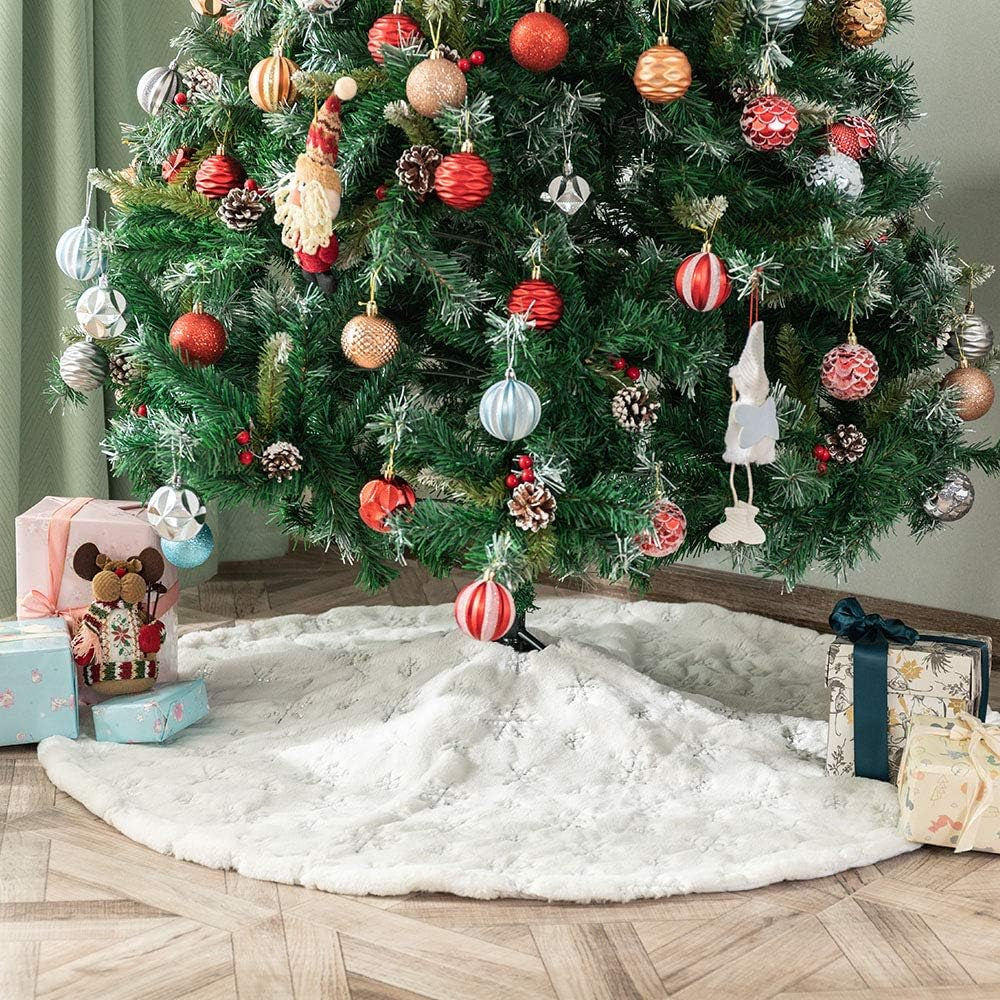 White Plush Christmas Tree Skirt - 90Cm Snow Fur Mat with Silver Sequin Snowflake Xmas Tree Skirt Base Cover for Christmas & New Year Decorations (White, 35Inches)