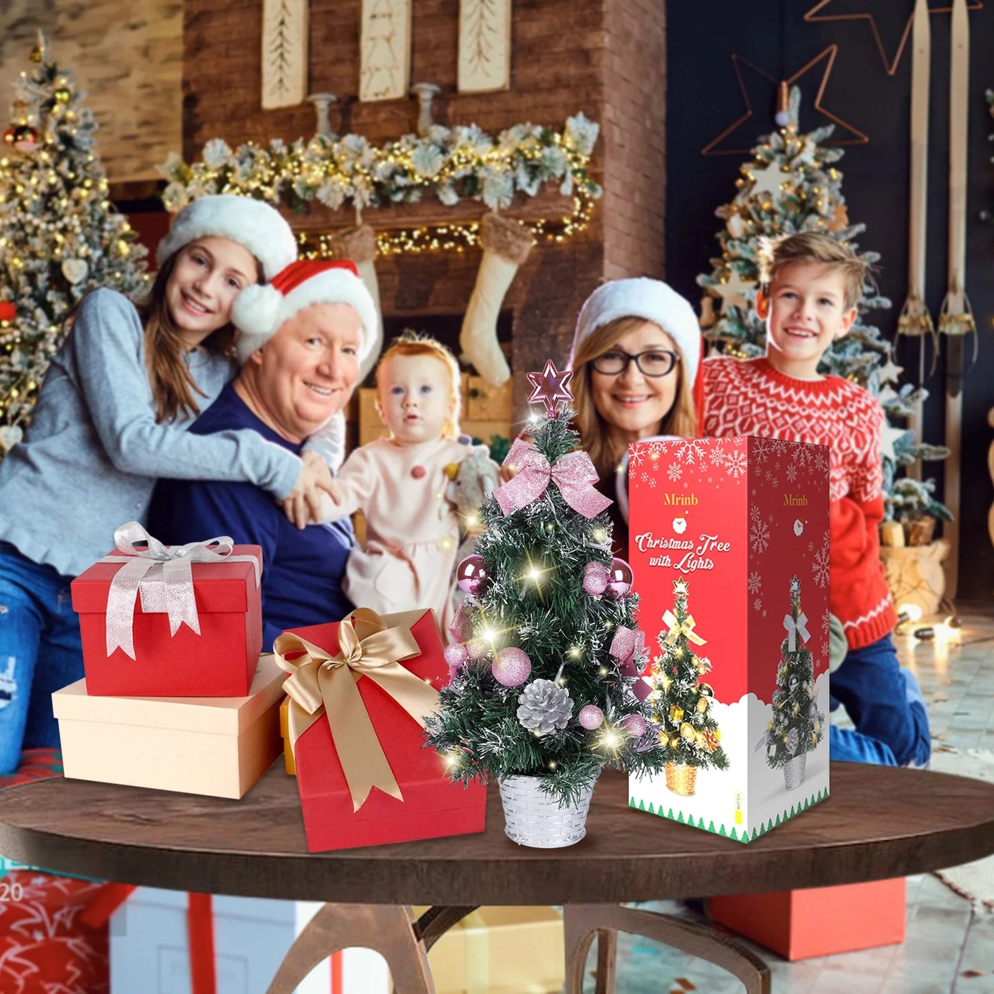 Mini Christmas Tree, 18" Artificial Small Christmas Tree with LED String Lights, Tabletop Christmas Tree with Pine Cones Christmas Balls Ornaments for Christmas Decorations