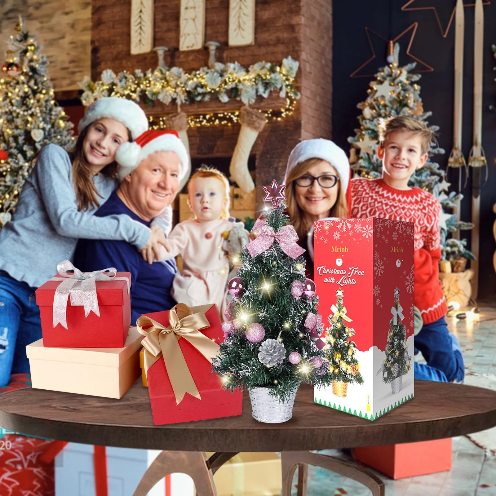 Mini Christmas Tree, 18" Artificial Small Christmas Tree with LED String Lights, Tabletop Christmas Tree with Pine Cones Christmas Balls Ornaments for Christmas Decorations