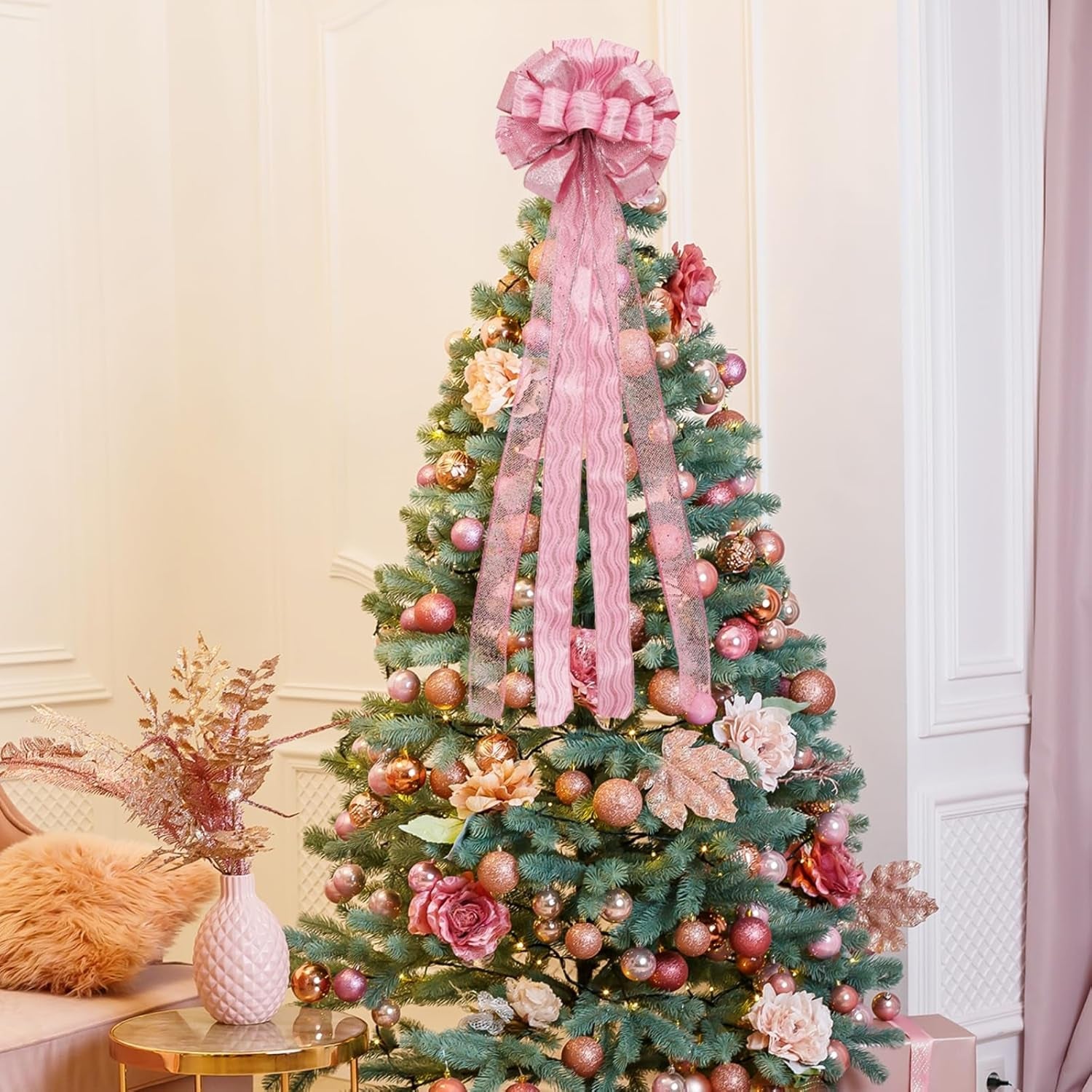 Christmas Tree Topper, 32X12 Inches Large Toppers Bow with Glitter Satin Mesh Streamer, Pink Christmas Tree Topper for Christmas Home Decoration (Pink),Circle Tree Topper