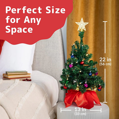 22” Mini Christmas Tree with Lights Ornaments and Presents - Small Christmas Tree with Lights Christmas Table Decorations | Little Christmas Tree - Warm White, Green