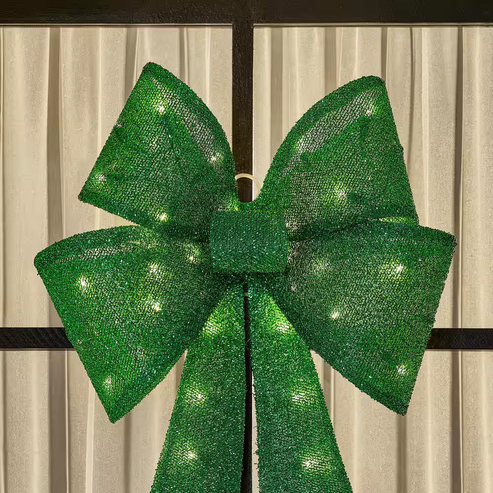 24 In. Yuletide Lane LED Green Tinsel Bow Holiday Yard Decoration