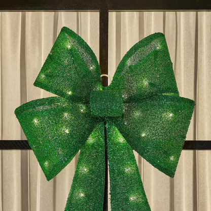 24 In. Yuletide Lane LED Green Tinsel Bow Holiday Yard Decoration