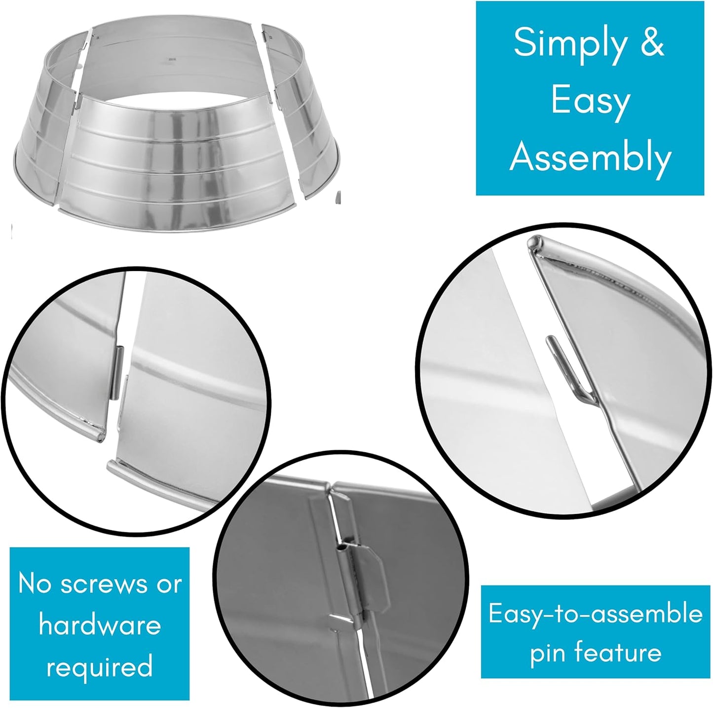 4-Panel Christmas Tree Collar - Metal Holiday Skirt Decor - Water Base Protection from Pets (Silver)