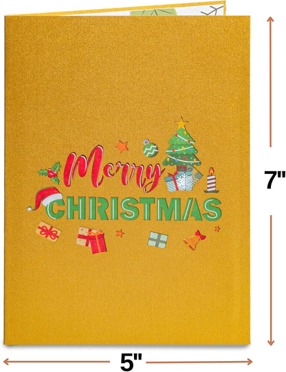 Pop up Christmas Card, 3D Merry Christmas, for Christmas or Holidays, 5" X 7" Cover - Includes Envelope and Removable Note Tag
