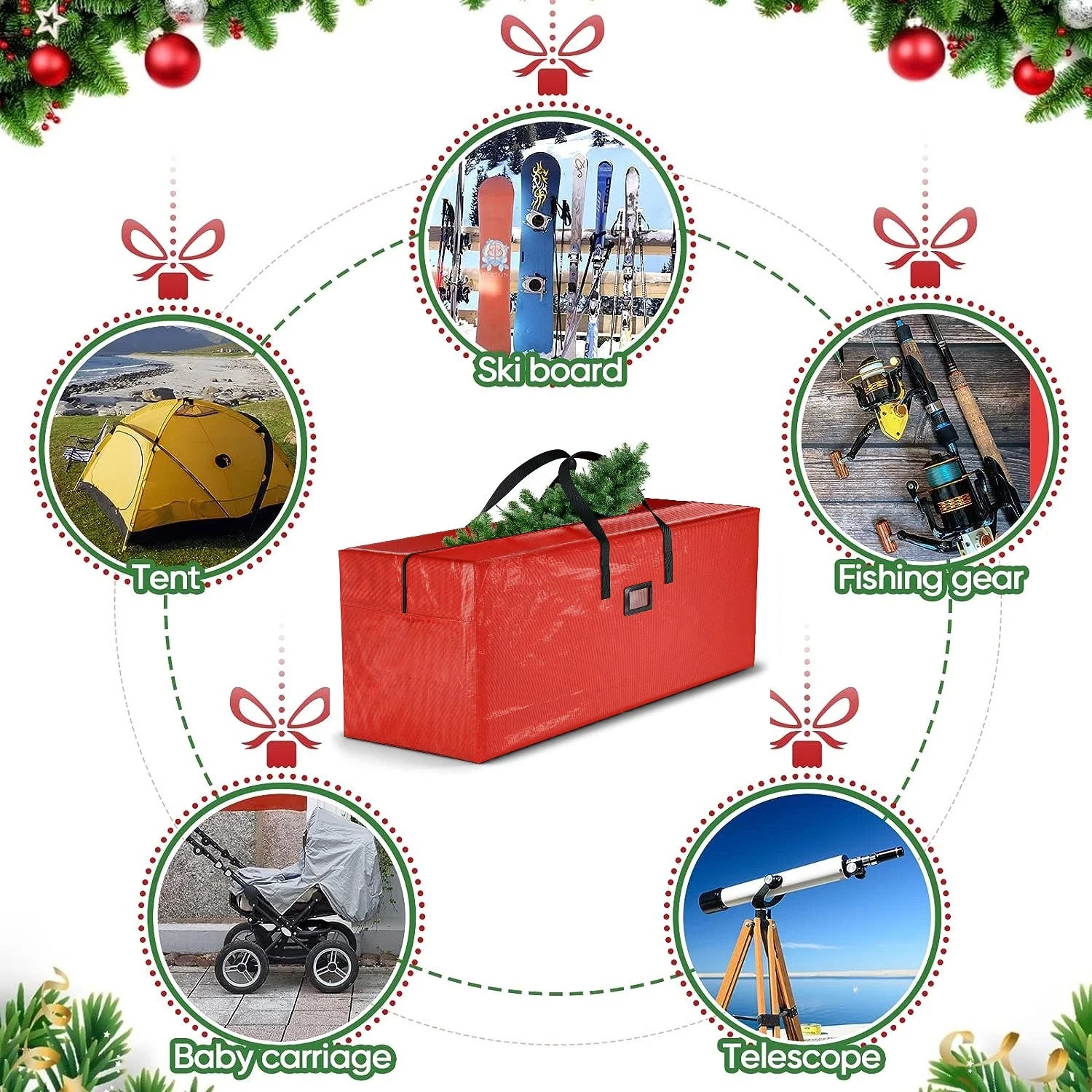 Christmas Tree Storage Bag Storage Container Fits up to 9 Ft Disassembled Tree Zippered Bag with Carry Handles 65" X 15" X 30" Red