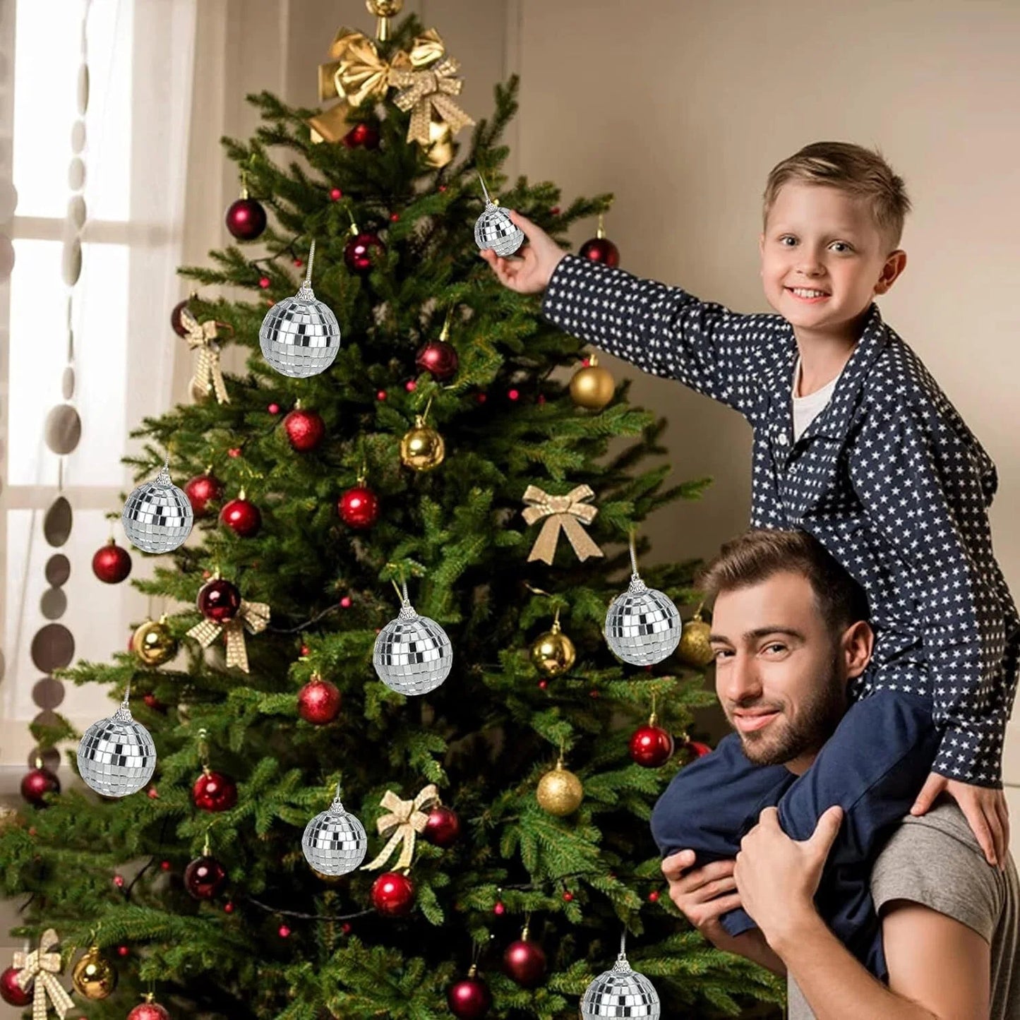 24 Pcs Hanging Mirror Disco Ball Glass Disco Ball Silver Mini Disco Ball Reflective Disco Ball, Halloween Disco Party Supplies, Christmas Tree Decorations (1.2Inch, 1.57Inch)