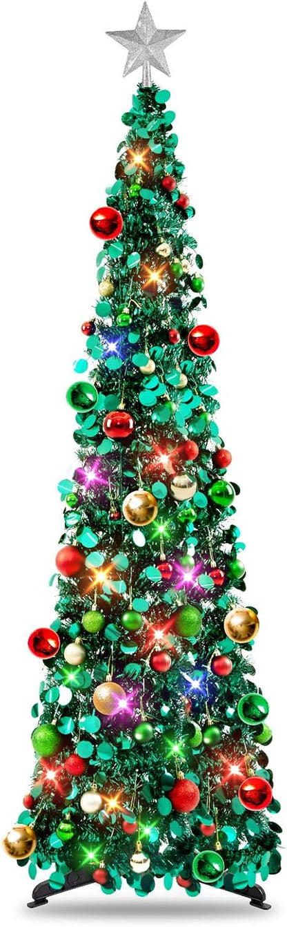 Pop up Christmas Tree with Lights, Collapsible Tinsel Xmas Tree Decorations, Pencil Christmas Tree Skinny Tree for Holiday Xmas Home Office Decor, 30 Balls, 5Ft, Peacock Blue