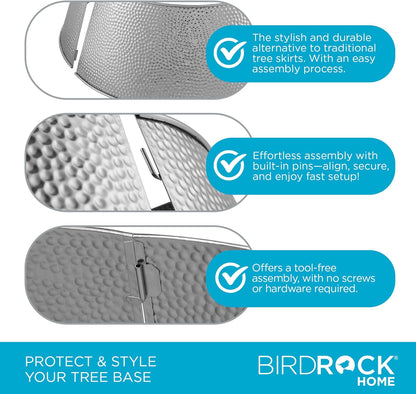 4-Panel Christmas Tree Collar - Metal Holiday Skirt Decor - Water Base Protection from Pets (Silver - Hammered)