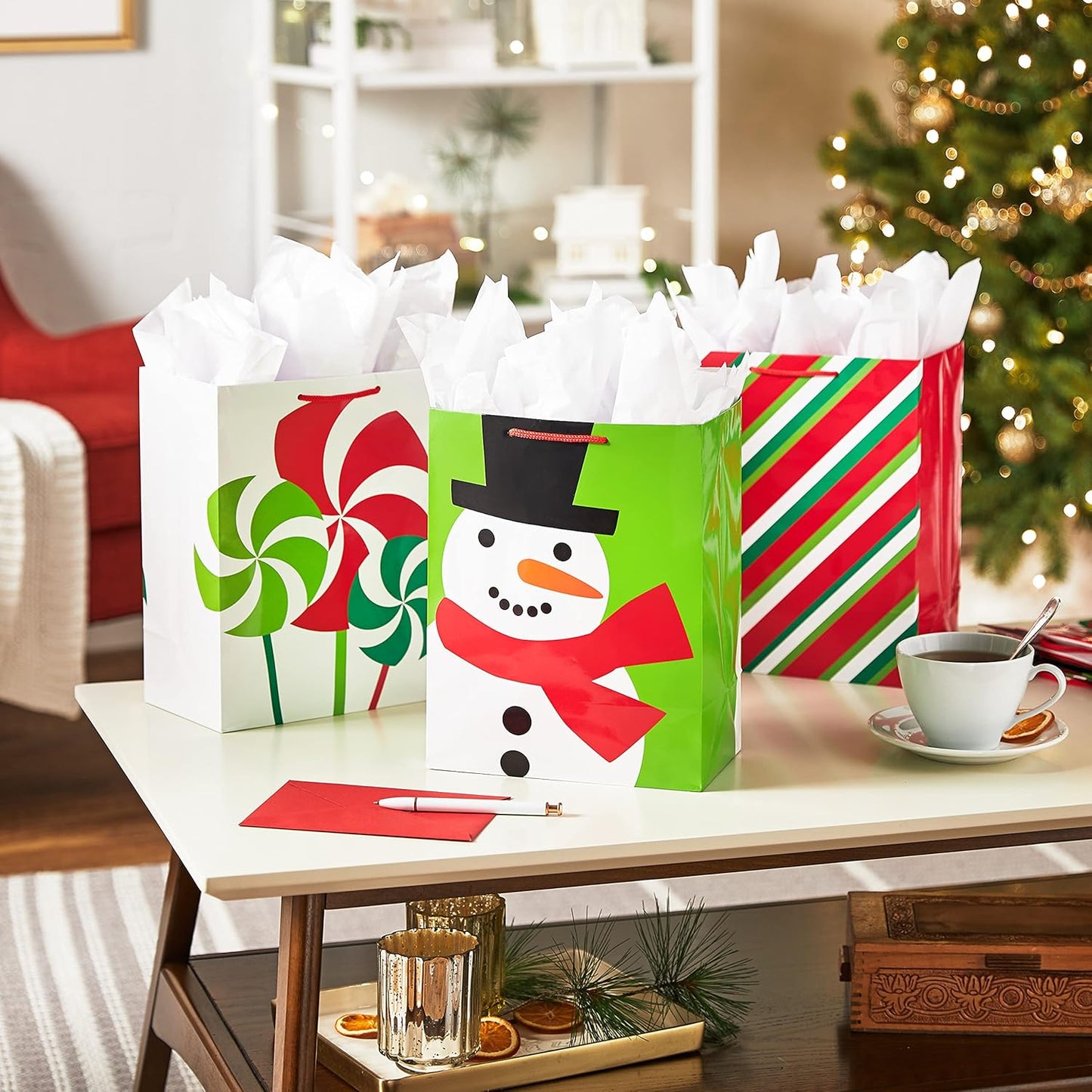 Image Arts 11" Large Holiday Gift Bag Bundle (Pack of 6; Snowman, Ornaments, Stripes)