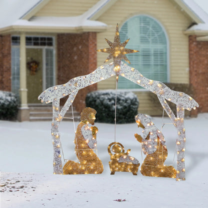 Pre-Lit Nativity Scene, Cool White Lights, LED, 55 Inch, Indoor or Outdoor Use.