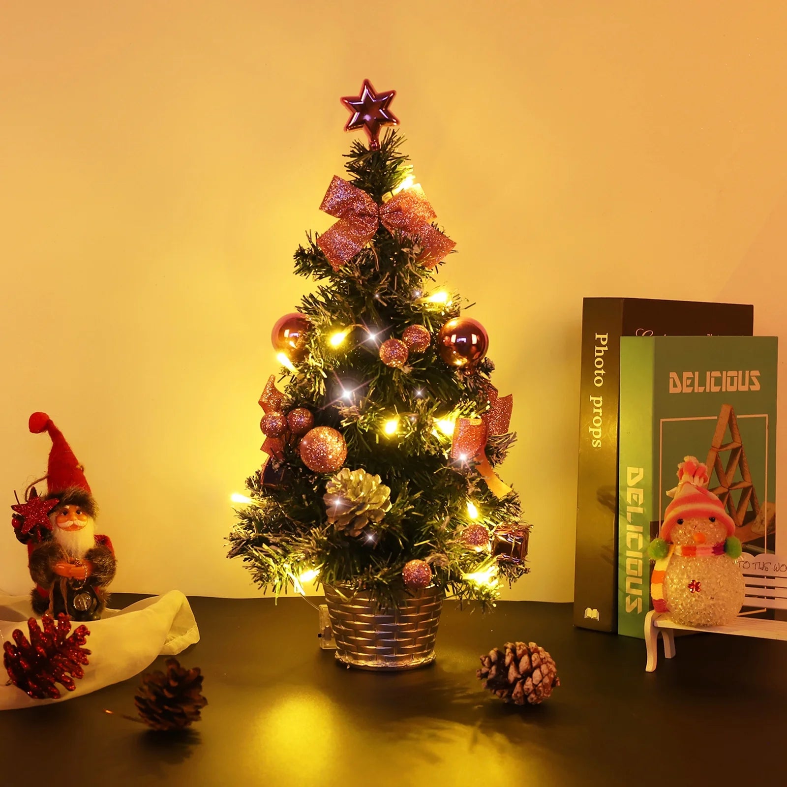 Mini Christmas Tree, 18" Artificial Small Christmas Tree with LED String Lights, Tabletop Christmas Tree with Pine Cones Christmas Balls Ornaments for Christmas Decorations