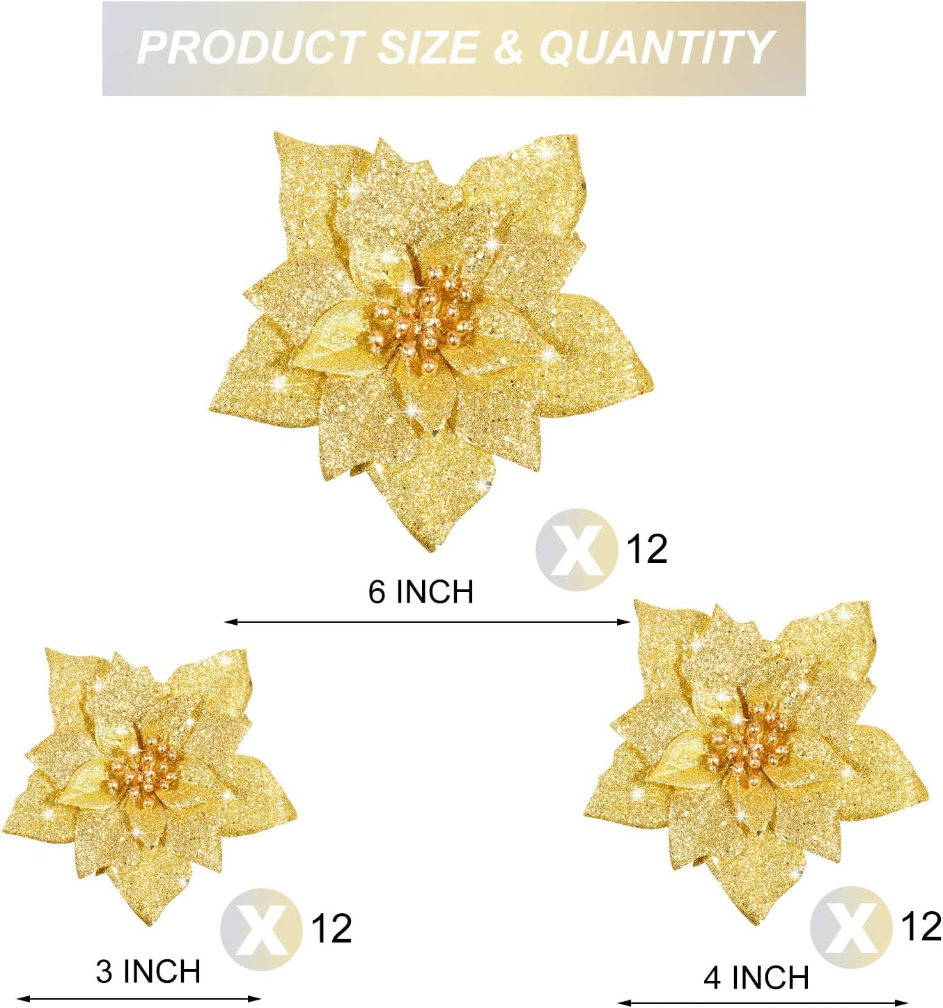 36 Pieces Christmas Glitter Poinsettia Faux Flowers Christmas Flowers Decorations Wedding Xmas Tree New Year Ornaments(Gold)