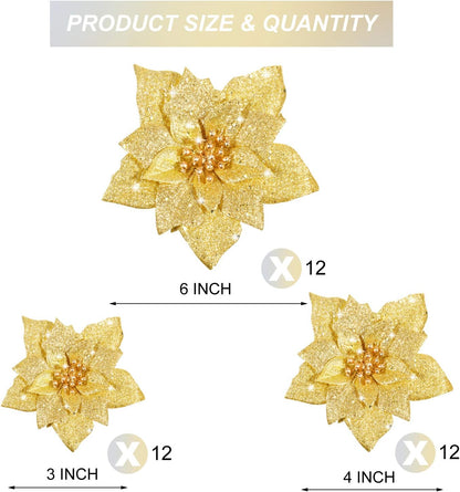 36 Pieces Christmas Glitter Poinsettia Faux Flowers Christmas Flowers Decorations Wedding Xmas Tree New Year Ornaments(Gold)