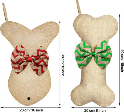 4 Pcs Dog Christmas Stocking Bone Fish Pet Christmas Stockings Pet Burlap Stocking Fireplace Hanging Stockings with Bow Knot for Dog Cat Xmas Party Decoration Gift (Bone and Fish)