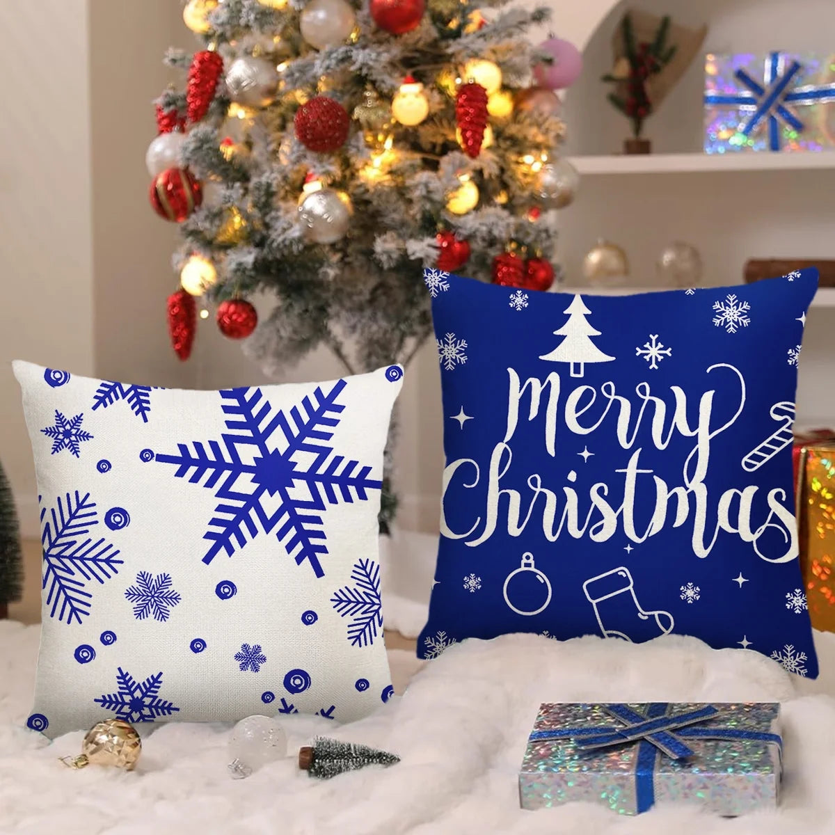 Christmas Throw Pillow Covers 18''X18'' Set of 4 Decorative Holiday Pillows Cover Cases Farmhouse Decor for Xmas Decoration Home Couch Sofa, Blue