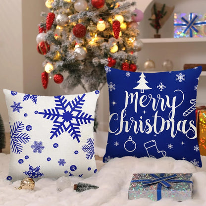 Christmas Throw Pillow Covers 18''X18'' Set of 4 Decorative Holiday Pillows Cover Cases Farmhouse Decor for Xmas Decoration Home Couch Sofa, Blue