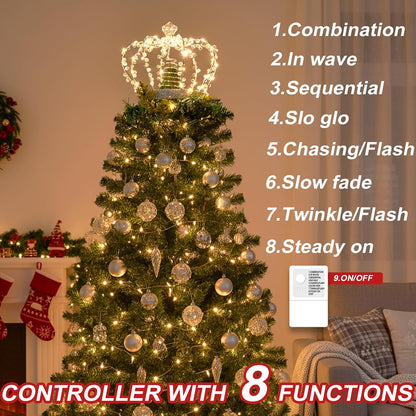 Illuminated Jeweled Crown Tree Topper with 60 Warm White Lights, Metal Design