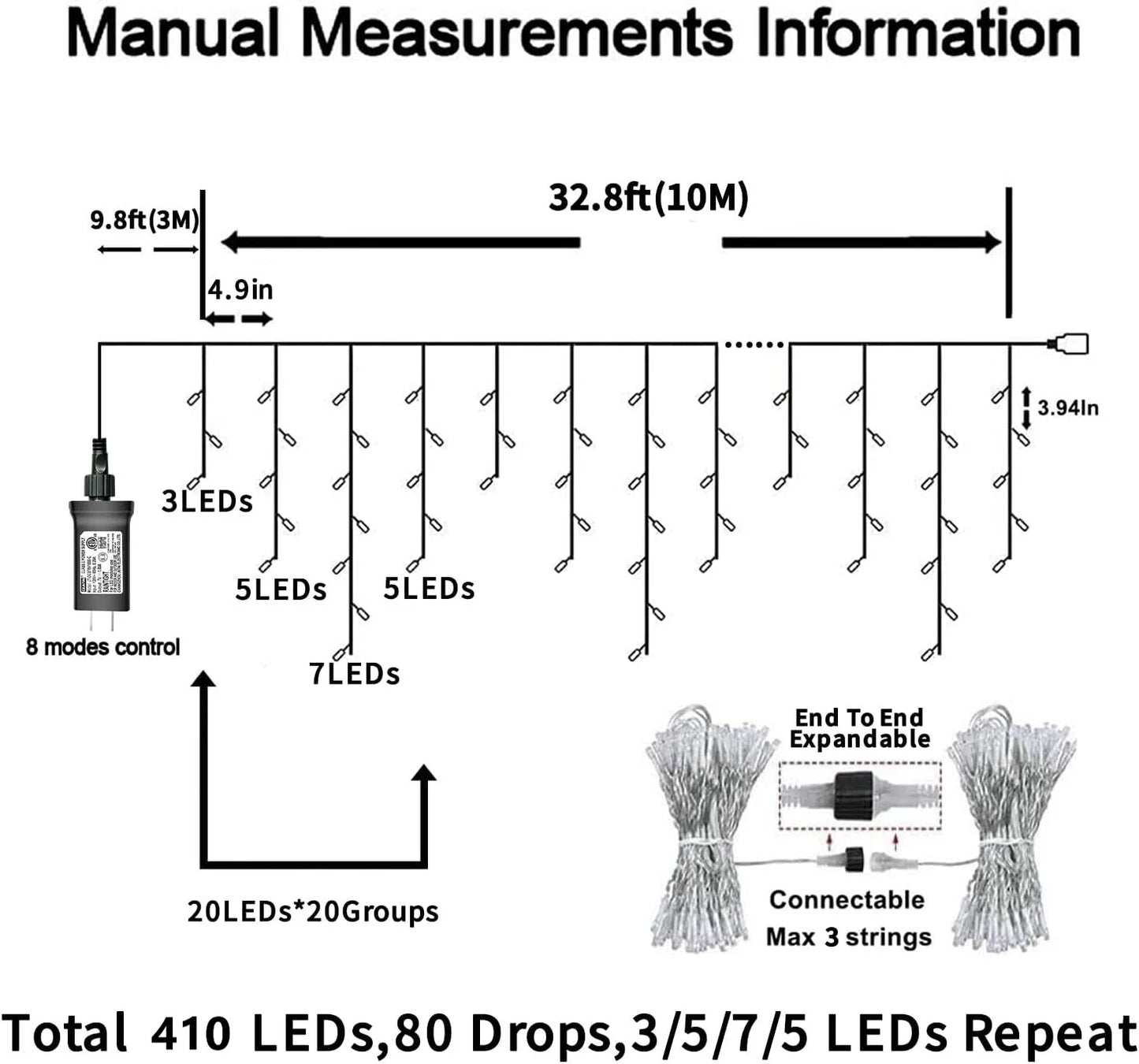 33Ft 410 LED Christmas String Lights White Fairy Lights Led Icicle Christmas Lights Plug-In for Christmas, Holiday, Wedding (Cool White)